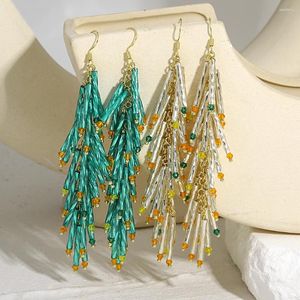 Dangle Earrings AENSOA Trendy White Teal Cylinder Crystal Long Tassel For Women Unique Pine Needle Hanging Hook Party Jewelry