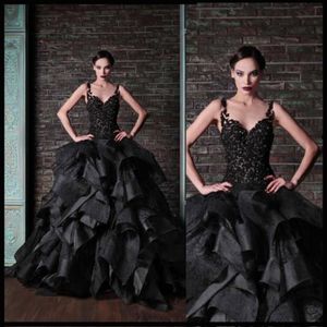 Rami Kadi Black Ball Gown Prom Dreess Tiered Ruffles Vintage Lace Spaghetti Puffy Prom Dreess Low Back Pegant Party Gowns305m