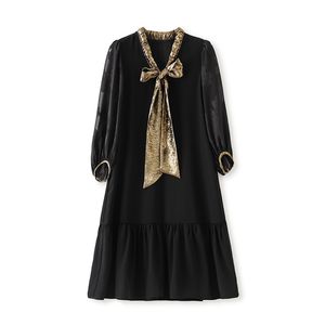 2024 Spring Black Contrast Color Ribbon Tie Bowknot Dress 1/2 Half Sleeve V-Neck Kne-Length Casual Dresses W4M051903