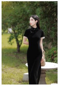 Ethnic Clothing 2024 Elegant Women Cheongsam Chinese Traditional Black Split Dress Vintage Costume Long Dresses Sexy Qipao Color 2XL