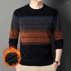 Men's Sweaters Autumn Winter Men Fleece Warm Striped Sweater Fashion Male Clothes Versatile Thicken Long Sleeve Bottoming Knitted Pullover