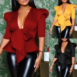 Houzhou Women Peplum Blouse Tops with Weist Belt Bowtie Halfe Sleeve Deep V Devel Sexy Party Clubwear Date Out Bluas 240301