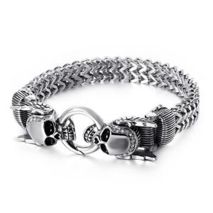 XMAS Gifts Crystals 316L Stainless steel casting Figaro lINK Chain bracelet double Skull End bangle bracelet mens boy jewelry silv305w