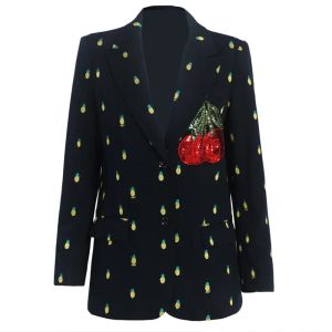 Blazers cereja lantejoulas bordado pequeno terno feminino entalhado pequena fragrância abacaxi impresso blazer