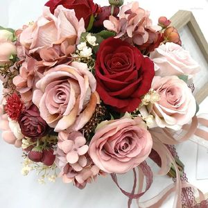 Flores de casamento buquê de noiva casa floral evento de negócios vermelho rosa simulado pacote de flores portátil 586
