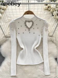 Kvinnors tröjor vinter elegant diamantpärla pärlor kort tröja tröja mode elastisk stickad puff långärmad o-hals stickad