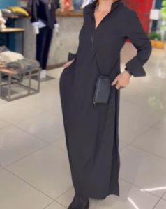 Elbise 2024 Sonbahar Kış Düz Renk Moda Elbise Kadın Zarif Uzun Kollu Maxi Elbise Günlük Kadın Gevşek Hem Külot Çorna
