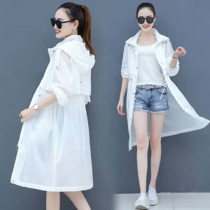 Trench Women Sun Protection Clothing Midlength Hooded Coat 2022 Summer Female New Thin White Jacket Popular Fairy Long Windbreaker