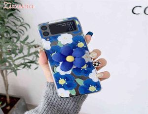 Fashion Cute Retro Oil painting blue Flowers With holder Phone Case For Samsung Galaxy Z Flip 3 Personality shockproof Cover New A5426613