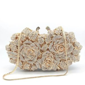 Borse da sera Abbagliante donna Fiore rosa oro Scava fuori Pochette in metallo cristallo Borsa piccola Borsa pochette da sposa Diamond249I