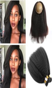 Grov Yaki Mongolian Human Hair Weave Bundles 3PC med 360 Full Lace Closure 225x4x2 Kinky Straight Hair Wefts med 360 LACE FR99508815