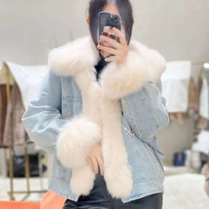 2023 New Winter Korean Edition Fox Hair Denim Thickened Goose Down Short Coat Women's Extra Large Wool Neck Loose Fur 329724