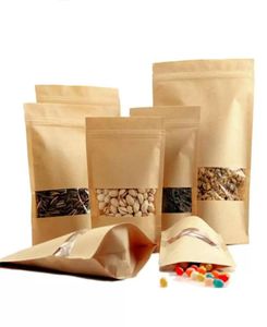 100 PCSLOT Kraft Paper Bag Zipper Stand Up Food Willproof Torby wielokrotnego użytku Wąsaki uszczelniające z przezroczystymi torbami okiennymi70274443828312