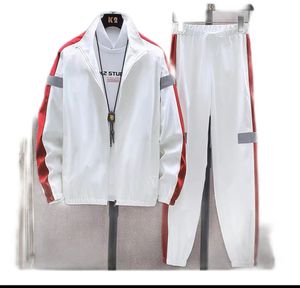 Men's Spring and Autumn New Leisure Set Youth Korean Edition Two piece Reflective Stripe Sports Trend Set