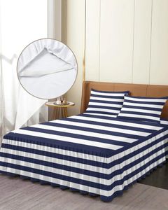 Sängkjol Navy Blue White Stripes Elastic Fitted Bed Strid med Pillow Cases Protector Madrass Cover Bedding Set Sheet