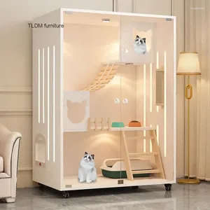 Cat Carriers Cream-style Cage For Pet Shop Density Board House Double-layer Large Space Glass Door Light Luxury Simple Cats