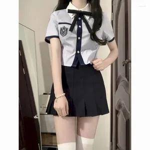 Work Dresses JK Uniform Summer Preppy Style Blue Short Sleeve Bowknot Shirt Pleated Skirt Set Japanese Korean Suits Dress
