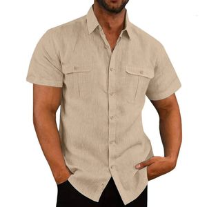 면화 린넨 남성 지름진 셔츠 여름 견고한 컬러 턴 다운 고리 캐주얼 티셔츠 셔츠 수컷 통기성 240306
