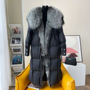 Casacos lagabogy 2023 mulheres inverno grande real prata raposa gola de pele 90% pato branco para baixo jaqueta longa grossa quente luxo parka feminino outwear