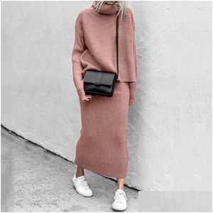 Two Piece Dress Fashion Women Slim Sweater Skirt Pieces Set Loose High Collar Casual Autumn Femme Knitted Blouse Suit Plover Drop Del Dhora