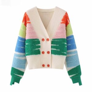 Cardigan maglione lavorato a maglia a righe arcobaleno Donna Giacca doppiopetto con scollo a V Cappotto Autunno Inverno Top allentato ed elegante DF4946 240228