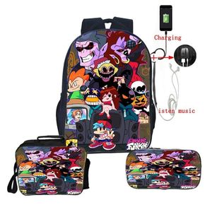 Plecak 3PCS Set Fiff Night Funkin Piękny 3D BŁĄD BŁODOWY BOUS Girl School plecaks USB Charge Travel Knapsack Lunch Box 2682