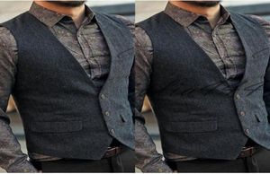 2019 Dark Grey Wool Herringbone Tweed Vests Custom Made Mens Suit Vest Slim Groom Vests Vintage Wedding Vest Plus Size British Wai3291358