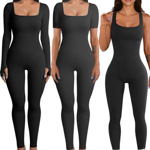 Calças de yoga leggings macacões para mulheres treino com nervuras manga longa macacões esportivos uma peça regatas