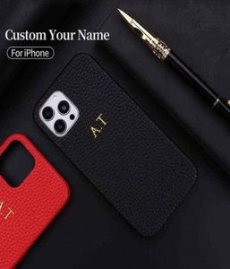 Personalisierung Benutzerdefinierte Initiale Name Pebble Grain Leder Handyhülle für iPhone 12 11 13 Pro X XR XS Max 78 Plus DIY Handyhülle H17109441