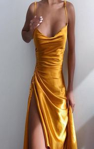 Sukienki swobodne houzhou seksowna sukienka Summer Summer Yellow Satin Backless Sundresses Women Oversize Asymetryczne szatę Longue Party Club8212608