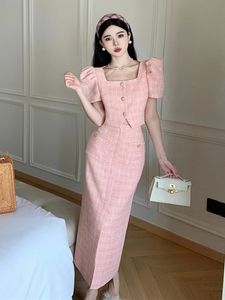 Chic Fashion French Summer Tweed Two Piece Set Women Square Collar Pink Short Blazer Coat High midja Bodycon Midi kjolar kostym 240305