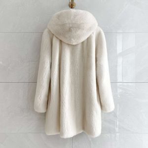 Women's Whole Hooded Purple Label Velvet Mink Mid Length Classic Pearl White Grass Coat 237098