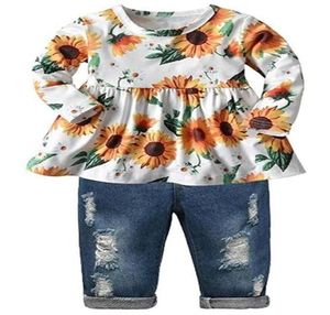 Conjunto de roupas para meninas 039, blusa floral com babados, calças jeans rasgadas, terno292I312f9273985