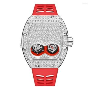 Bilek saatleri Pintime orijinal lüks tam elmas buzlu izle Bling-ed Gül Kılıf Kırmızı Silikon Kayış Quartz Saat Men240p