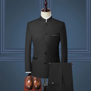 Garnitury Zestaw garniturów męskich (kurtka+spodnie) 2023 Nowy butik stojak na modę kołnierz chiński styl Slim Fit Suits Dwuczęściowe ślubne ubrania