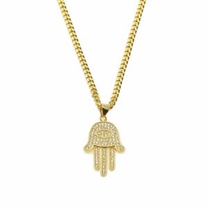 Naszyjniki wiszące złota srebrna fatima Hamsa ręka bling cz lodowany urok łańcuch kubański dla kobiet biżuteria biodra męska 257T
