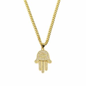 Pendanthalsband guld silver fatima hamsa hand bling cz iced ut charm kubansk kedja för kvinnor män hip hop smycken257t