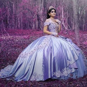 Lavender Quinceanera Dress Ball Prom Gowns Applique Off the Shoulder lace floral lace-up Vestidos Para XV A os Beaded Sweet 16 Dre248O