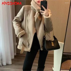 Damen Leder MNCCMOAA 2024 Hohe Qualität Winter Frauen Mode Lose Dicke Lamm Doppelseitige Biker Jacke Mantel Weibliche Solide Zipper warme