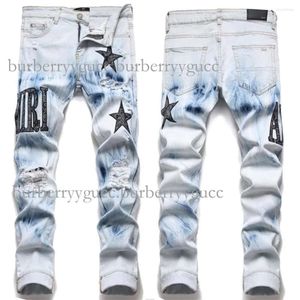 European Letter Star Jean Men Embroidery Patchwork Ripped Trend Brand Motorcycle Pant Mens Skinny Jeans