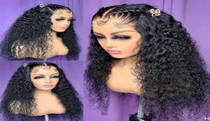 26Inch 180Densitet Jet Black Color Long Kinky Curly Wig Glueless spets Front Wigs Remy Soft With Baby Hair Preplucked For Women HEA49973011