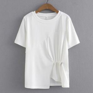 Tシャツ5xl夏のプラスサイズ基本的なTシャツ女性2023スプライスドローストリングオンティーティー非対称ヘムトップ