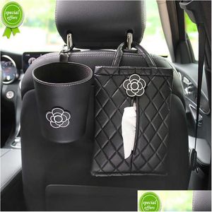 Andere Innenausstattung Neue kreative Kamelie Blume Leder Auto Seidenpapier Handtuch Tasche Rücksitz Kopfstütze Hängen Mülleimer Kann Wo Dhdn8