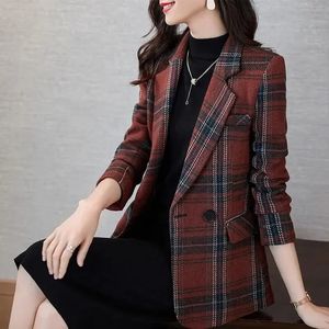 Красный клетчатый пиджак женский весенне-осенний повседневный винтажный шерстяной маленький элегантный женский офисный пиджак женская верхняя одежда 240226