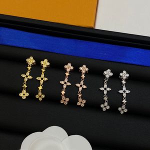 3 Colors Luxury Brand Earrings Small Flower Full Diamonds Brass Earring For Women Lady Party Gift