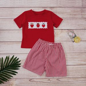 Kleidungssets Valentinstag Outfits Baby Jungen Kleidung Set Tier Stickerei Body Rote Ärmel T-Shirts Gitter Shorts Anzug Für 1-8T Babi