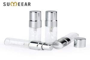 100PCLot 3ml Portable Sample Spray Bottle Transparet Glass Perfume Bottle Atomizer Silver Metal Pump Travel Bottle Container 20107090395