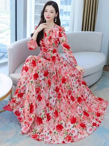 2023 Beach Floral Chiffon Midi Dres 럭셔리 우아한 봄 여름 여름 한국 패션 캐주얼 바디콘 파티 저녁 긴 드레스 240308