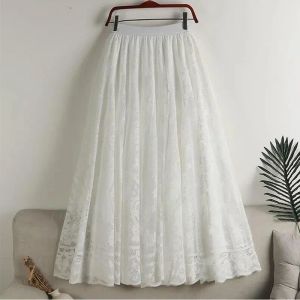 Saia de crochê oco para fora renda saia longa feminina 2023 primavera verão vintage elegante uma linha cintura alta maxi feminino branco z575