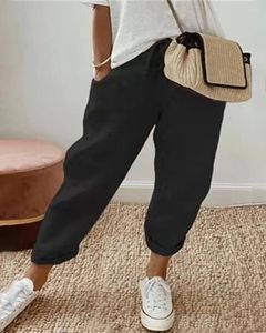 Calças femininas verão carga mulheres meados de cintura tornozelo comprimento calça cordão bolso design cuffed calças streetwear